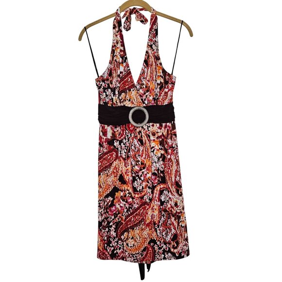 Wrapper Y2k Vintage Halter Neck‎ Paisley Print Dress Belted Waist Burgundy L - Picture 1 of 9